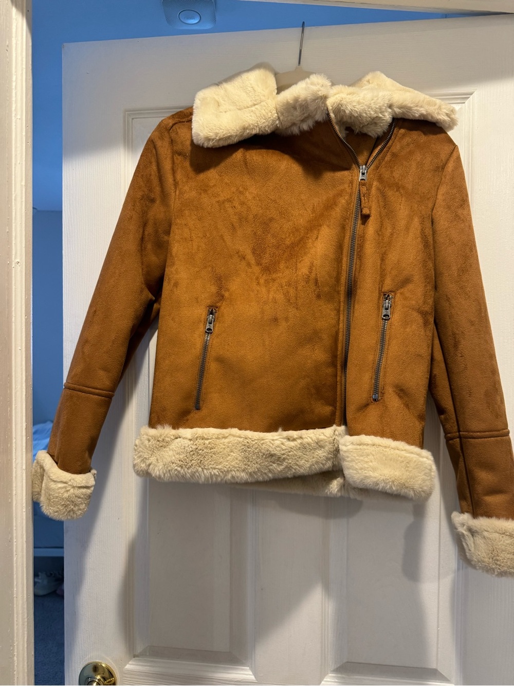 abercrombie kids Brown Faux Suede Jacket with Cream Faux Fur Trim